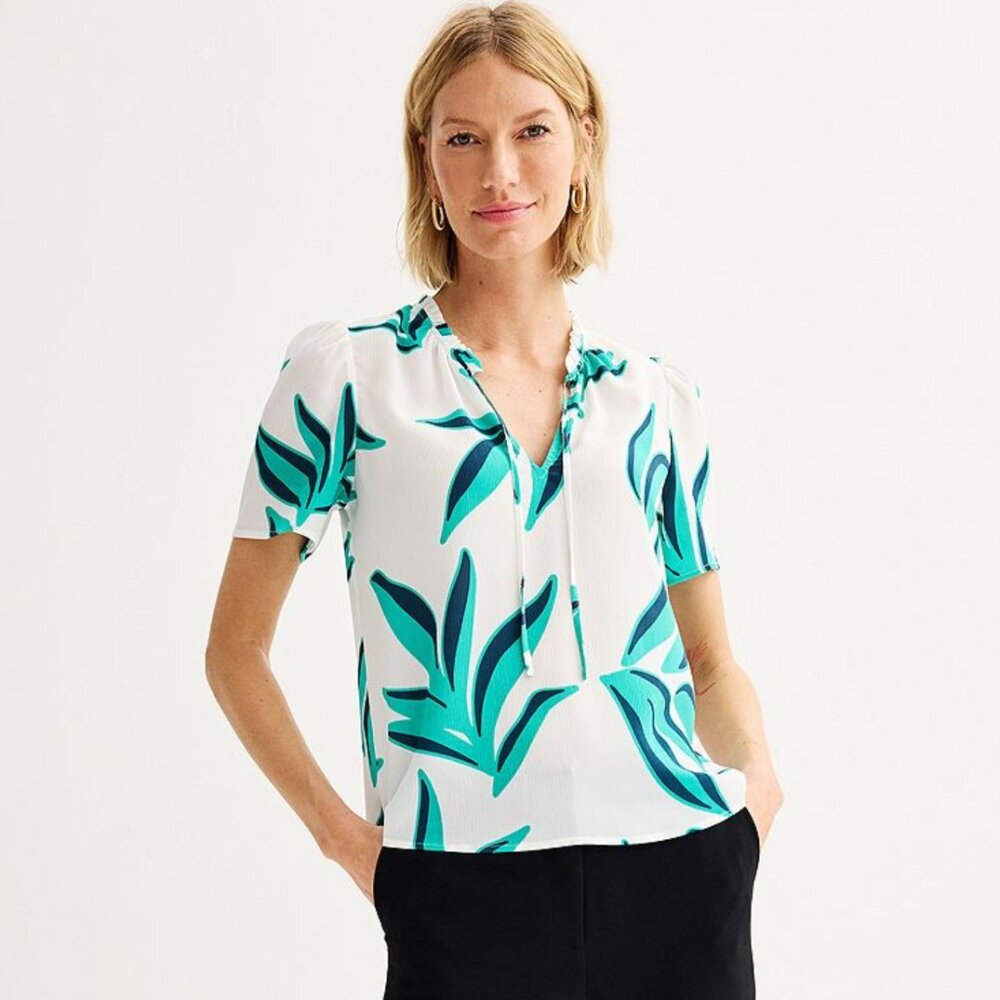 Women's Nine West Tie Front Ruffle Neck Blouse Top Size S